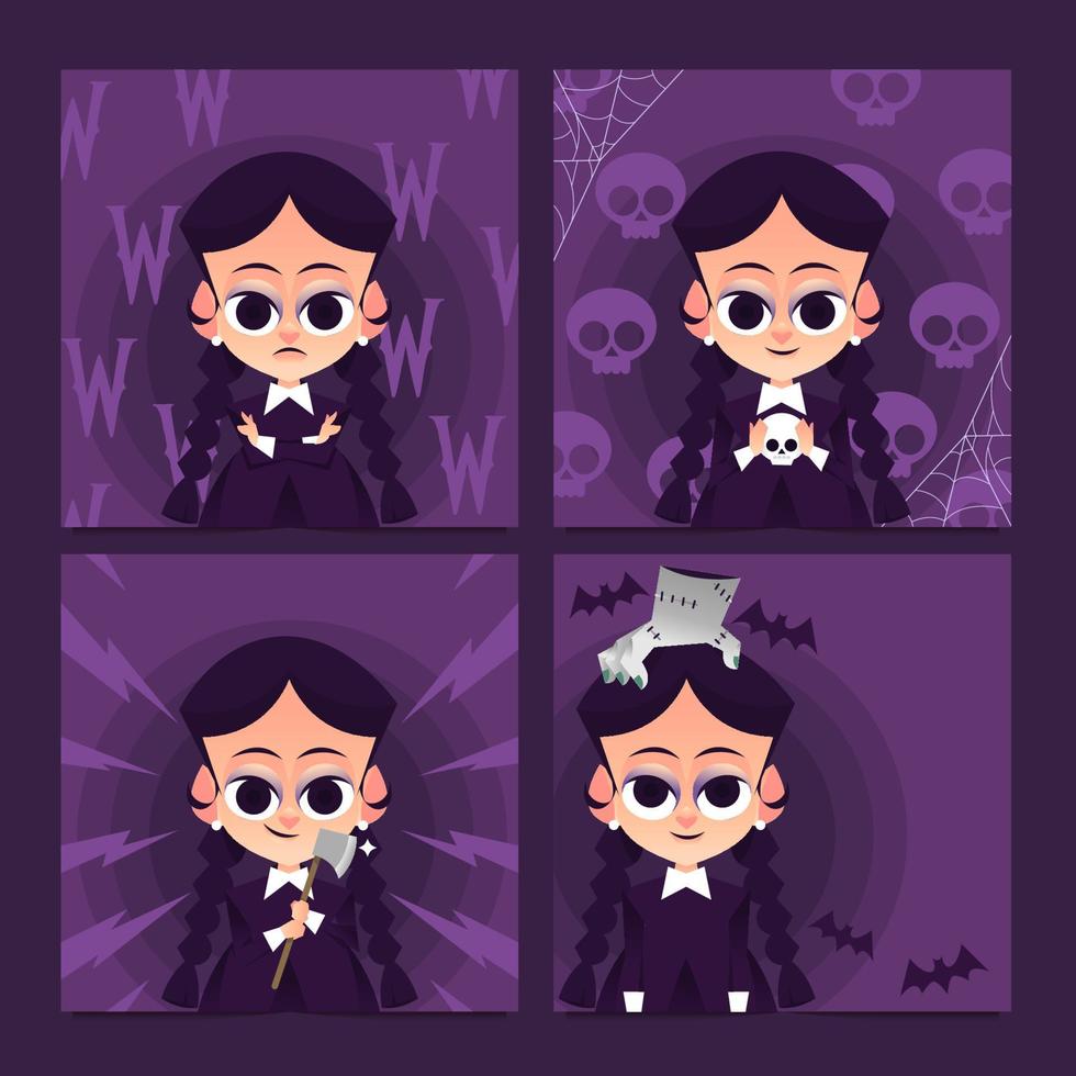 Cute Cartoon Girl With Black Dress And Horror Social Media Template vector