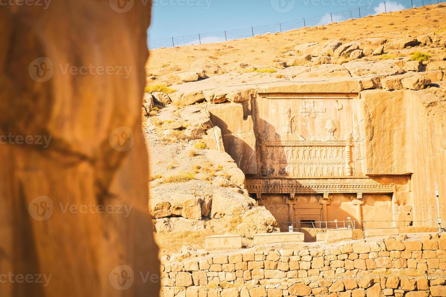 Persepolis, Iran - 8th june, 2022 - scenic carved rocks in Persepolis archeological site. Persian city remains and history concept photo