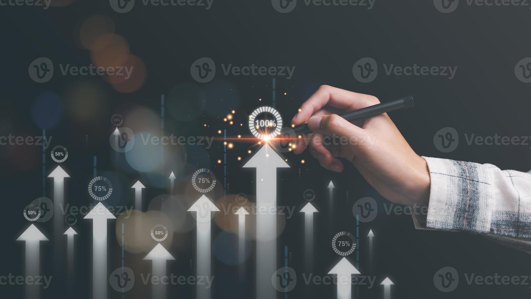 businessman shows the concept of Performance increase in the business of finance and investment, improvement and development from indicators to develop towards the goal, process of industrial growth photo