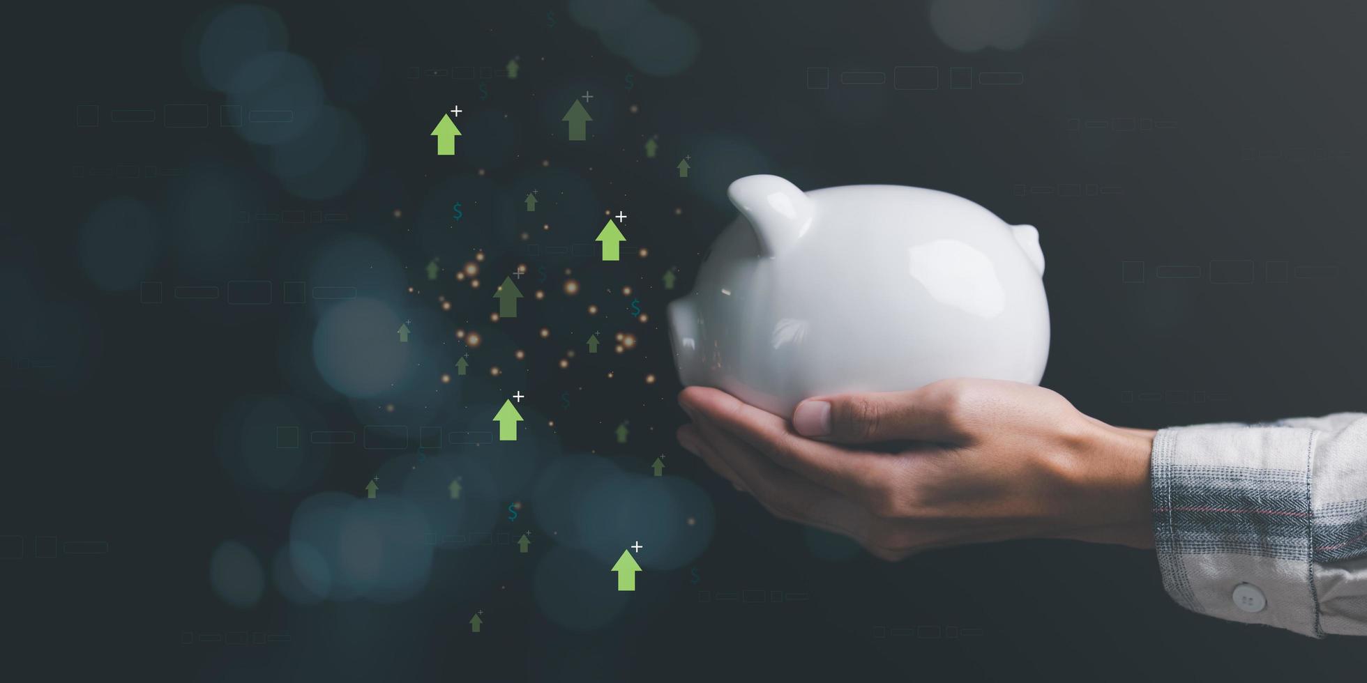 Pig piggy bank in human hands, Finance and investment concept, planning, appraisal and budget review, retirement savings ,financial and banking,Fund growth and savings ,arrow and plus icon photo