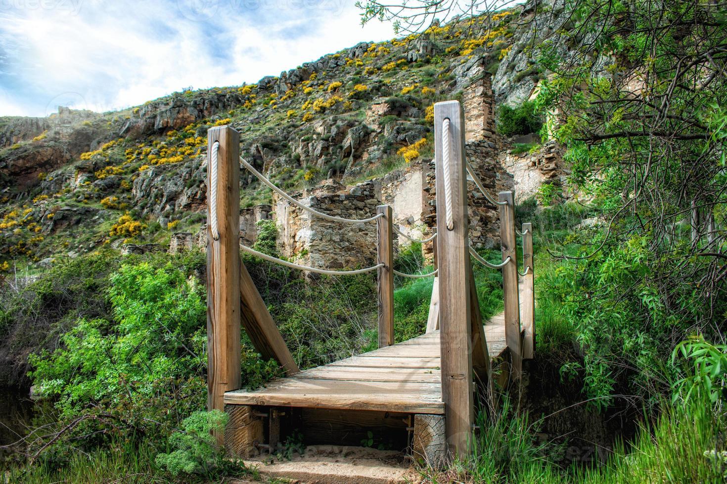 de madera peatonal puente y cuerda pasamanos foto