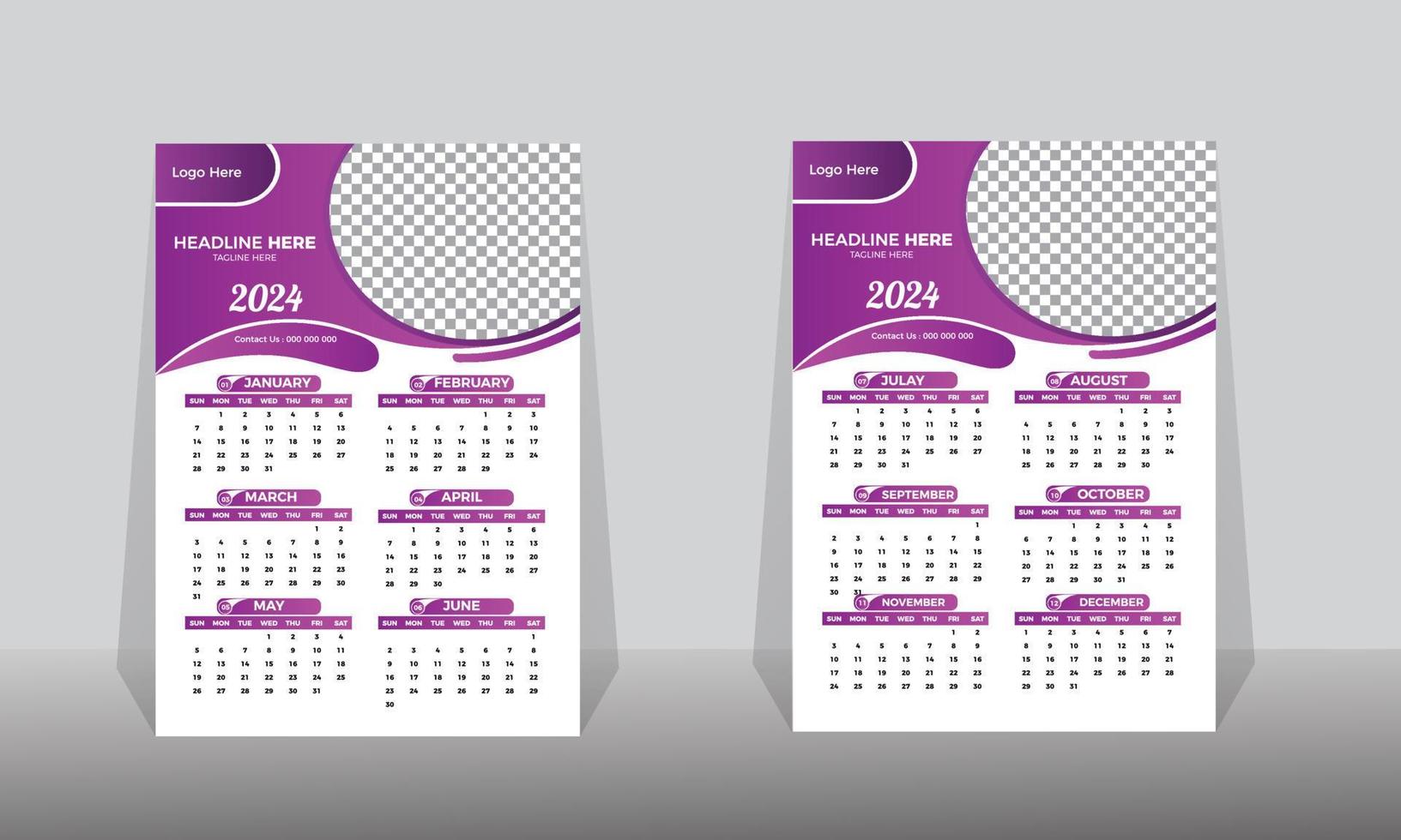 Professional wall calendar 2024 vector in A3 Size template.