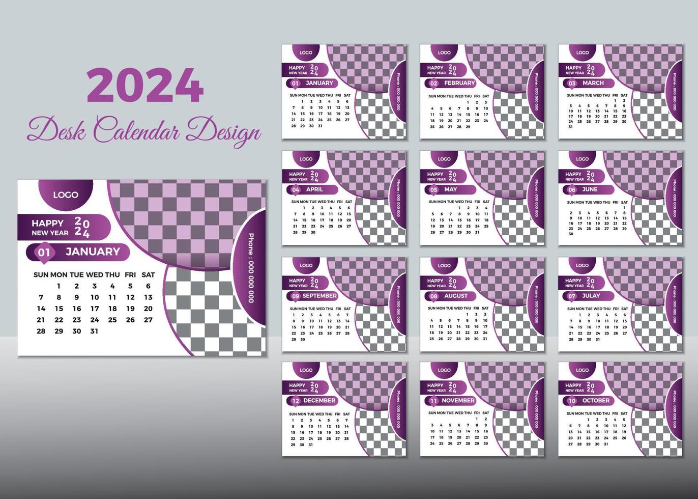 Desk Calendar 2024 Or Monthly Weekly Schedule New Year Calendar 2024 Design Template. vector