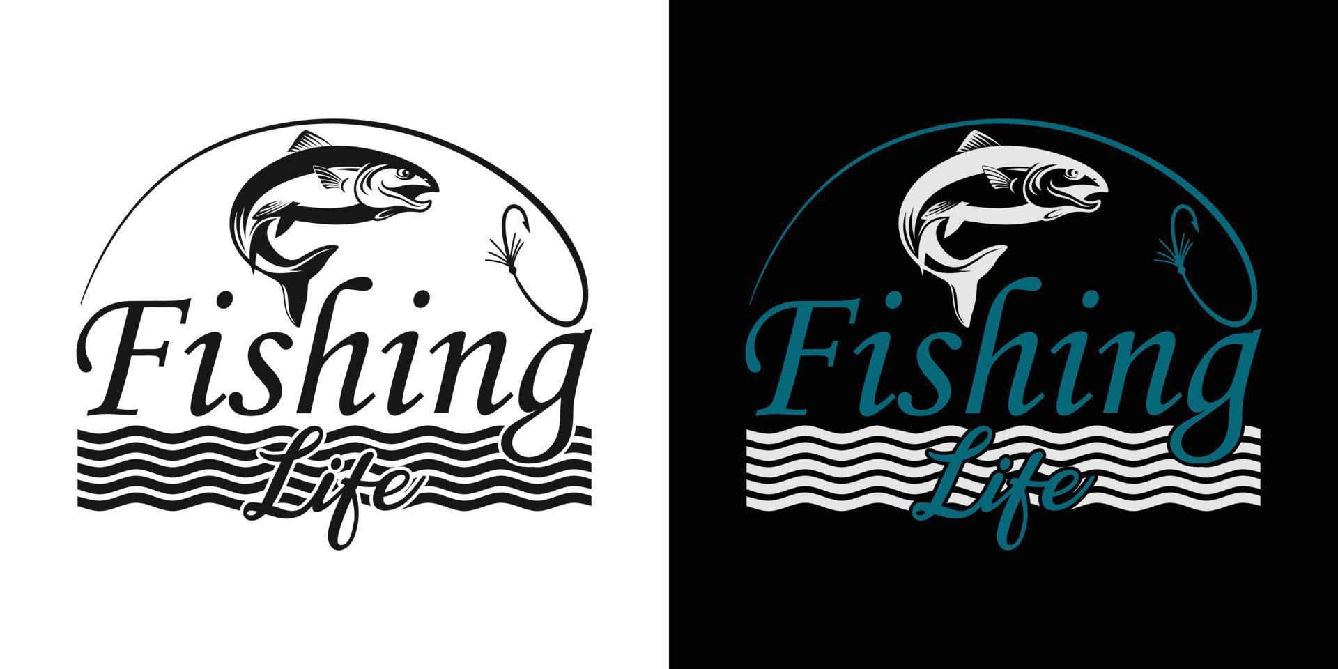 Fishing vector t-shirt design samples with illustration of a fish and a fishing.