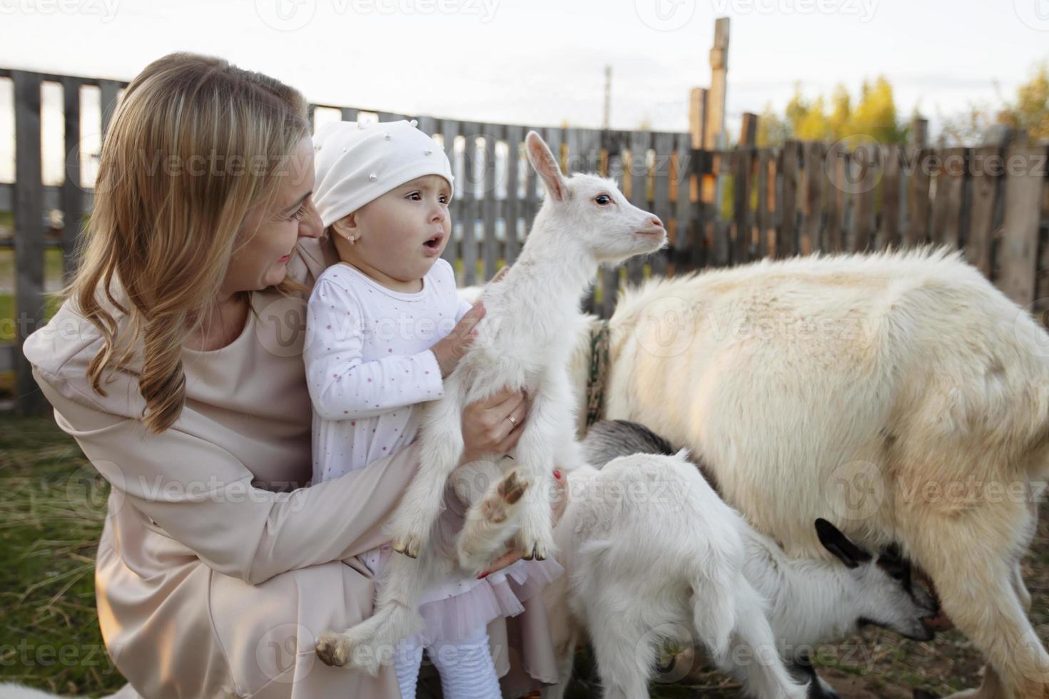 Mom with a little daughter feeds a goat. A woman with a child on a farm. photo
