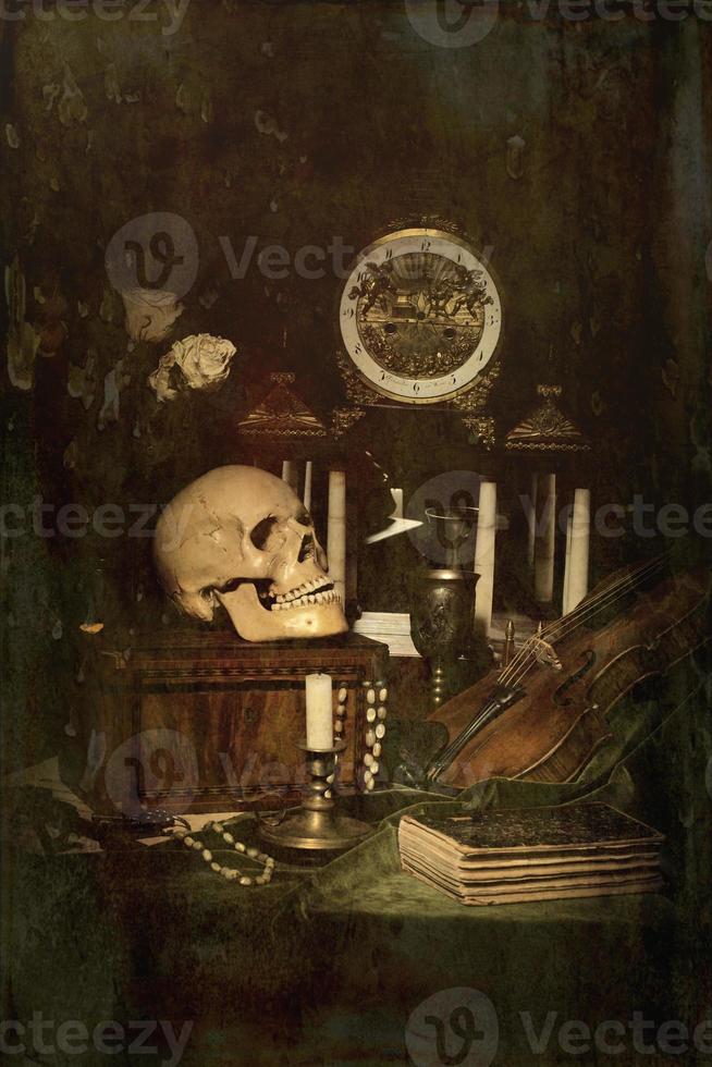 Close-up still life, Dutch painting of the 17th century. On the table on a black background are flowers, a skull, a clock, a violin, keys. Things that tell about a person's life. photo