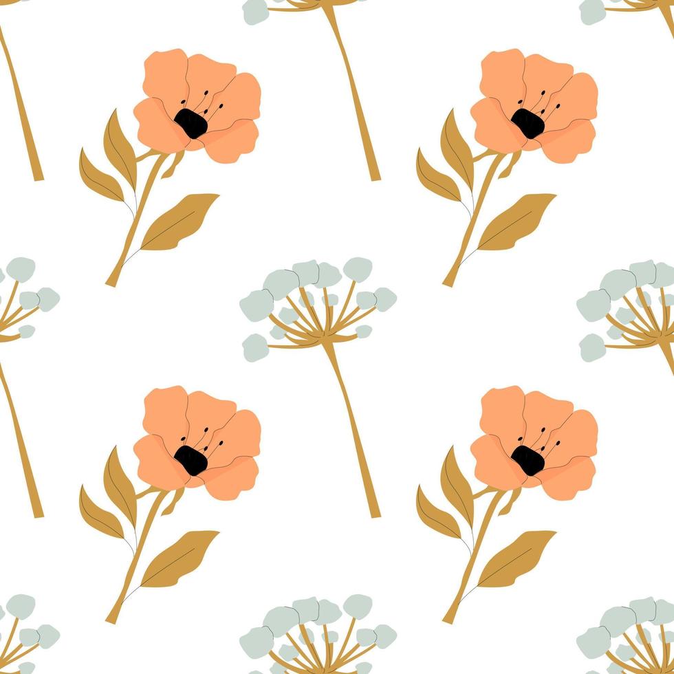 Vector seamless pattern with elegant flowers on a white background. Endless botanical ornament.