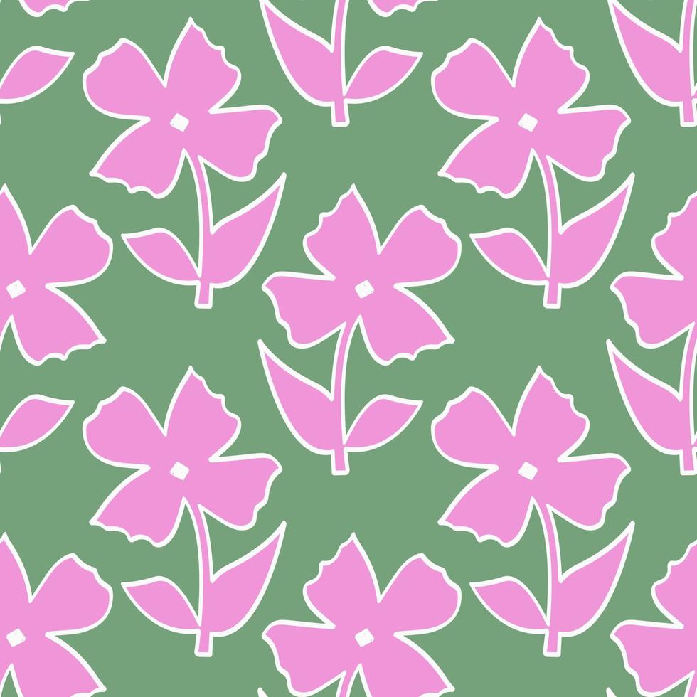 Abstract pink flowers on green background seamless pattern.Endless botanical ornament. vector