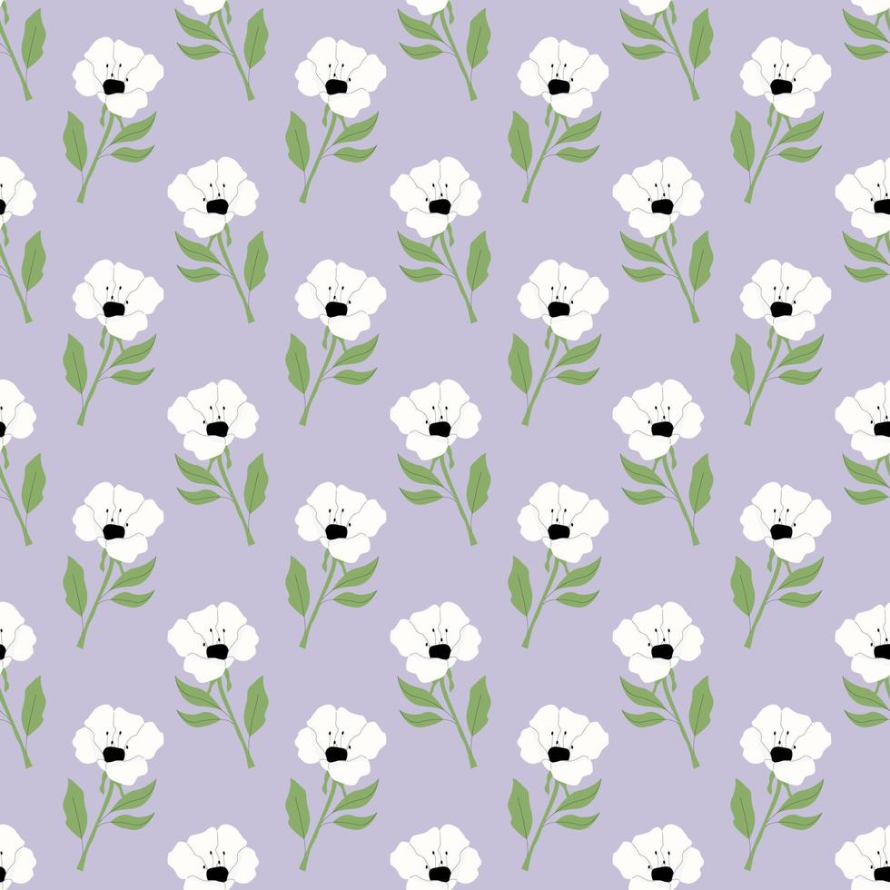 White poppy on a lilac background endless ornament. Vector seamless pattern with flowers.
