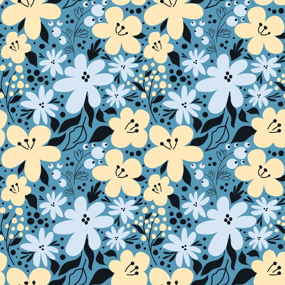 Blue and yellow flowers on a blue background seamless pattern. Vector endless flower ornament.