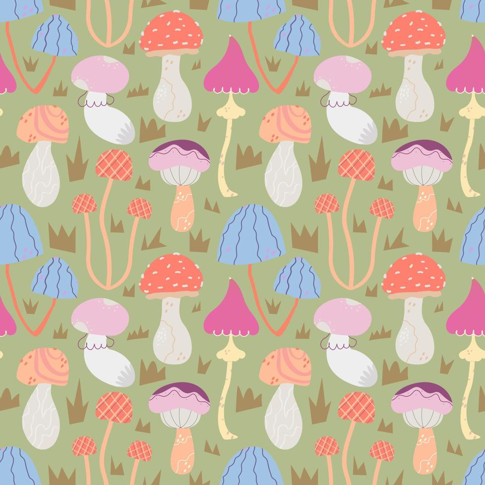 Vector seamless pattern with abstract stylized mushrooms on a green background.
