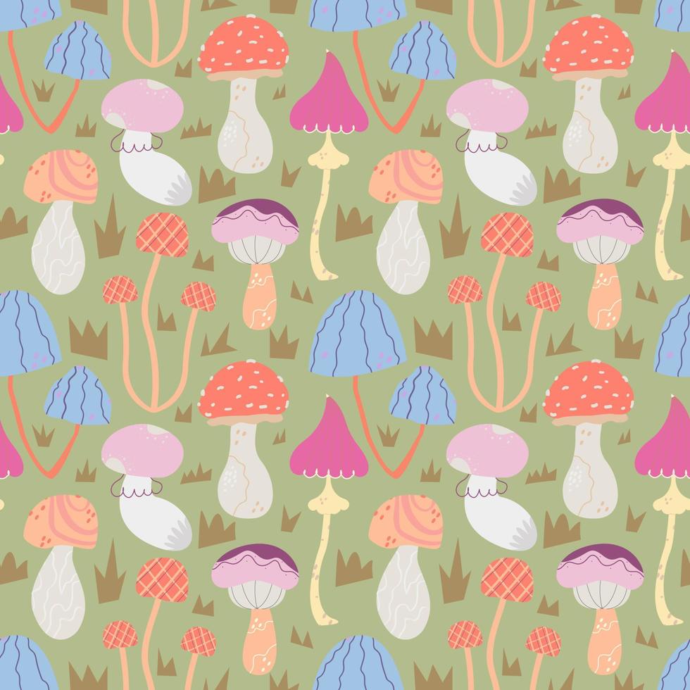 Vector seamless pattern with abstract stylized mushrooms on a green background.