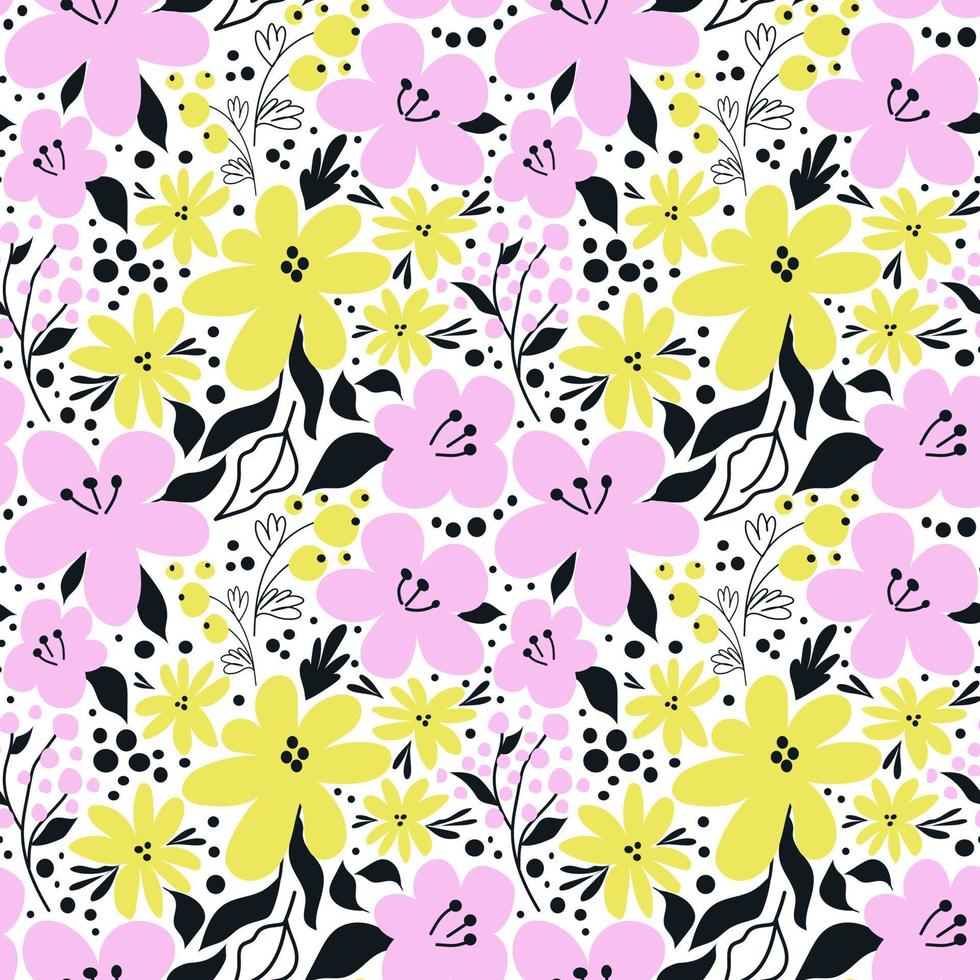 Vector abstract botanical seamless pattern. Ornament with purple, yellow flowers and black leaves on a white background.