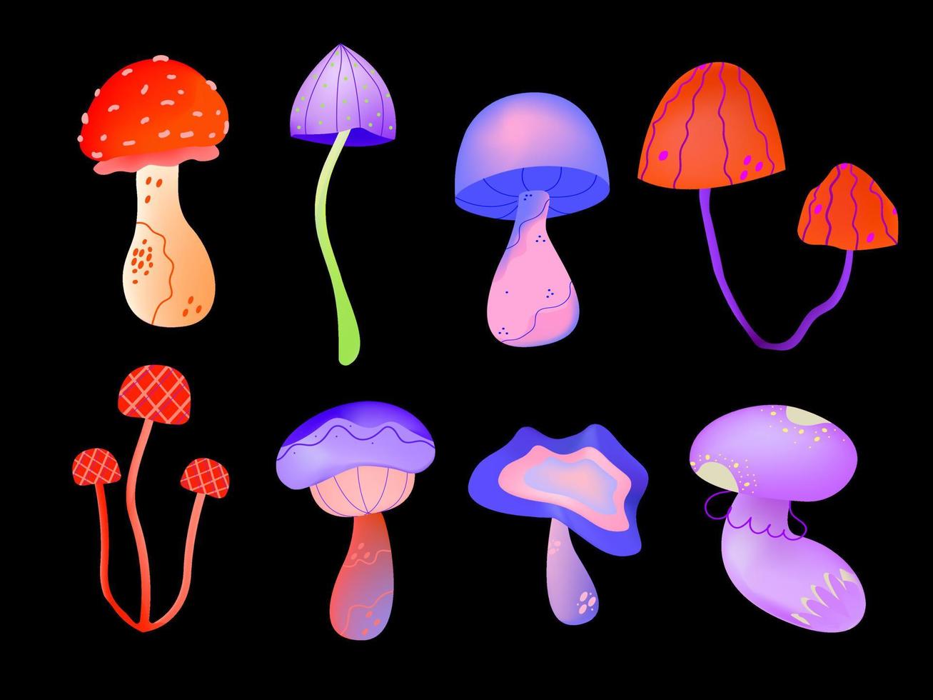 Bright vector fantastic mushrooms isolated on background.