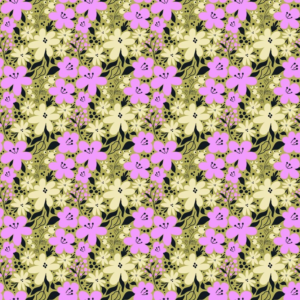 Seamless vector floral pattern. Ornament of lilac and yellow flowers on a green background.