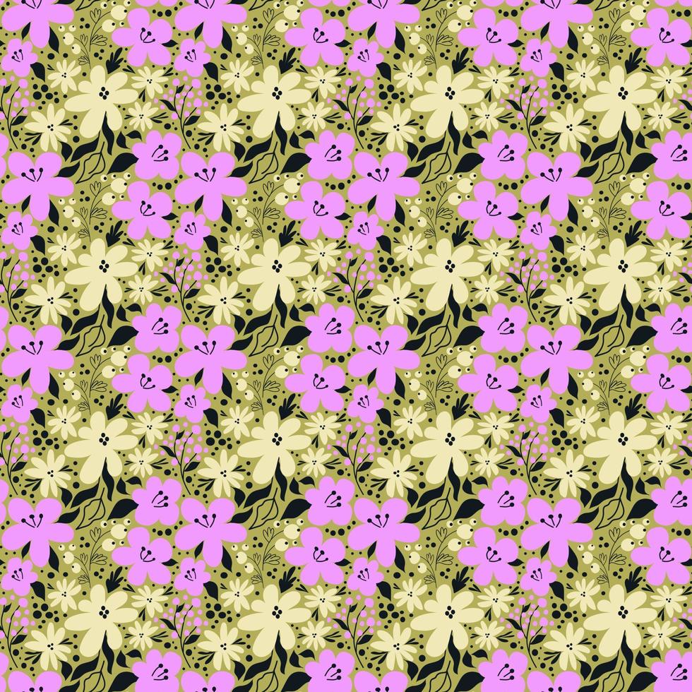 Seamless vector floral pattern. Ornament of lilac and yellow flowers on a green background.