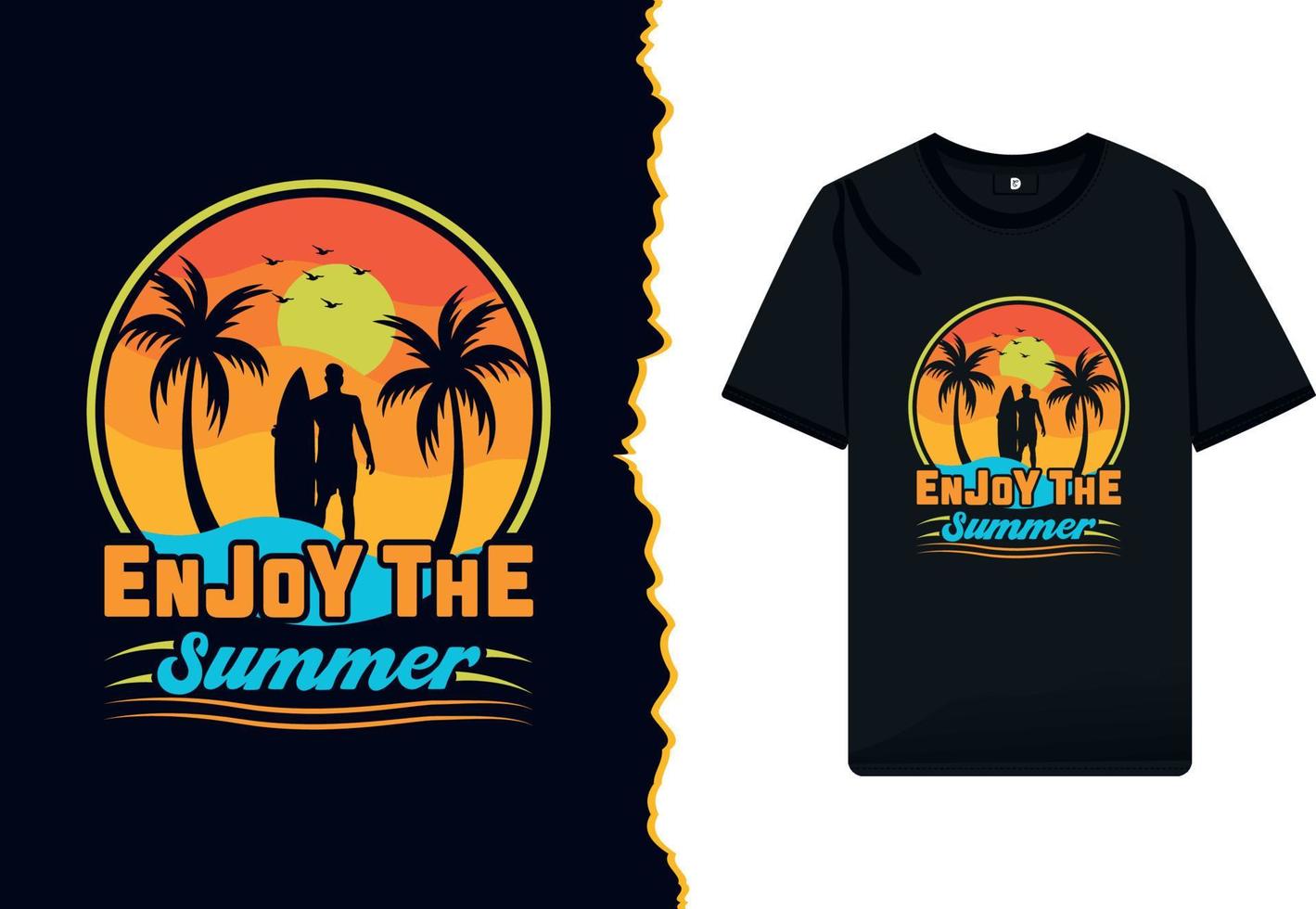 Summer t-shirt design vector illustration of a enjoy beach party with palm trees and retro color typography vacation vintage colorful shirt template.
