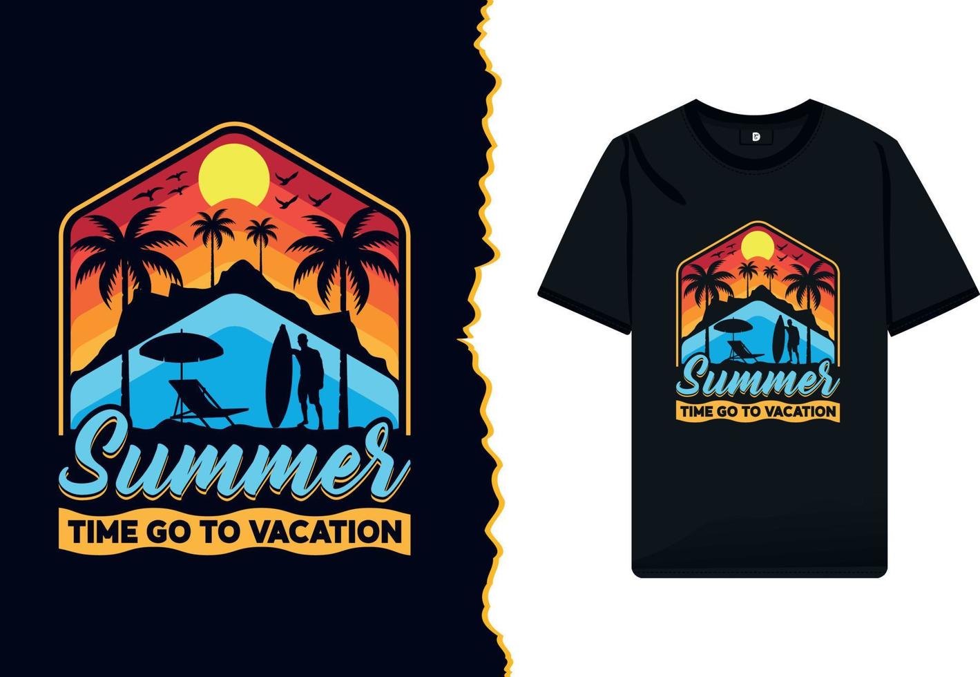 Summer vacation t-shirt design for a beach party. Typography vector illustration with palm trees and colorful retro summer print on the shirt template.