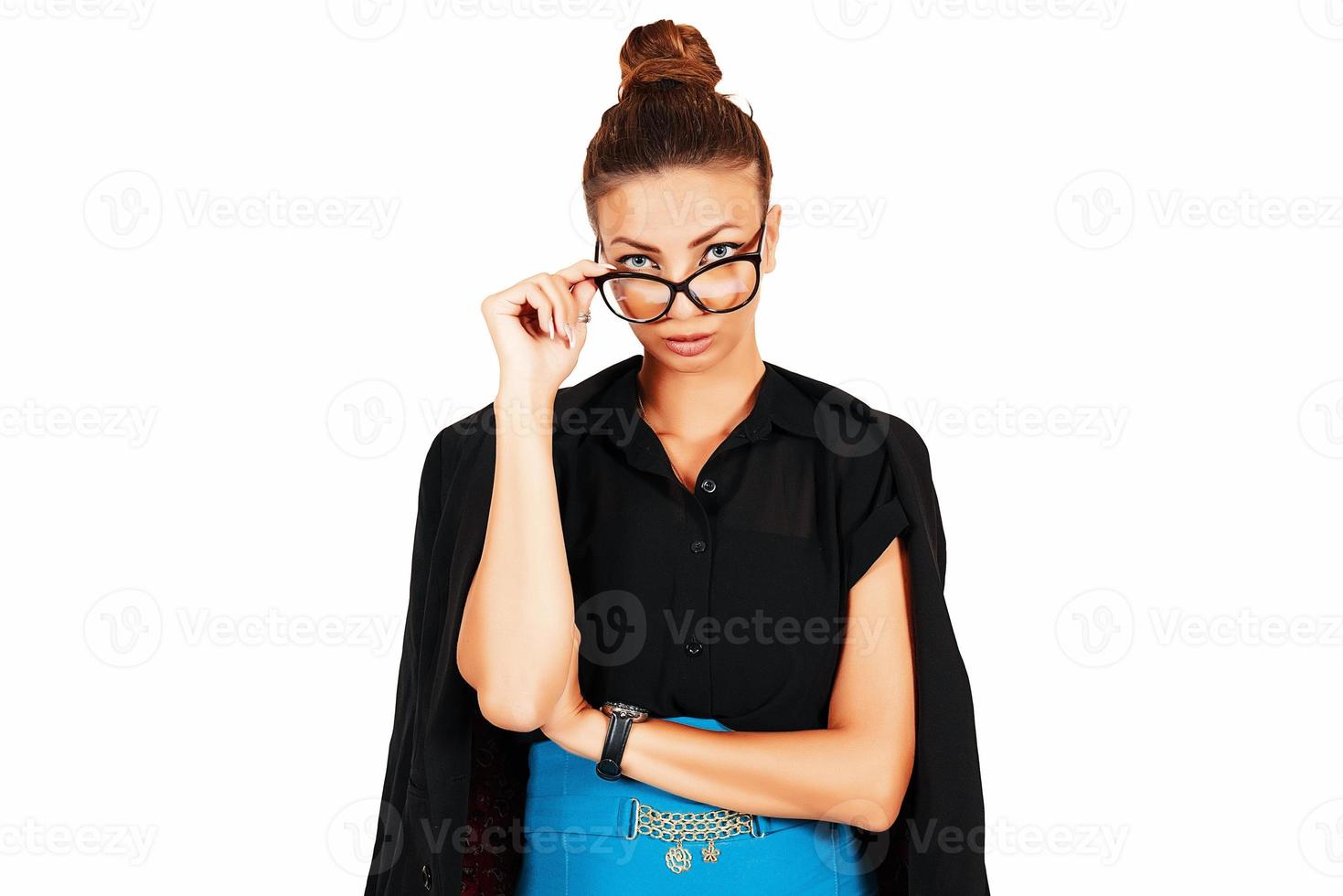White background, girl office worker, business woman, shows emotions photo
