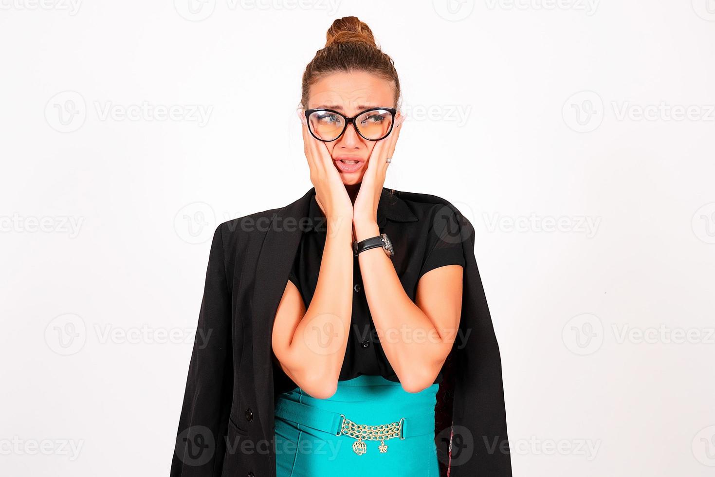 White background, girl office worker, business woman, shows emotions photo