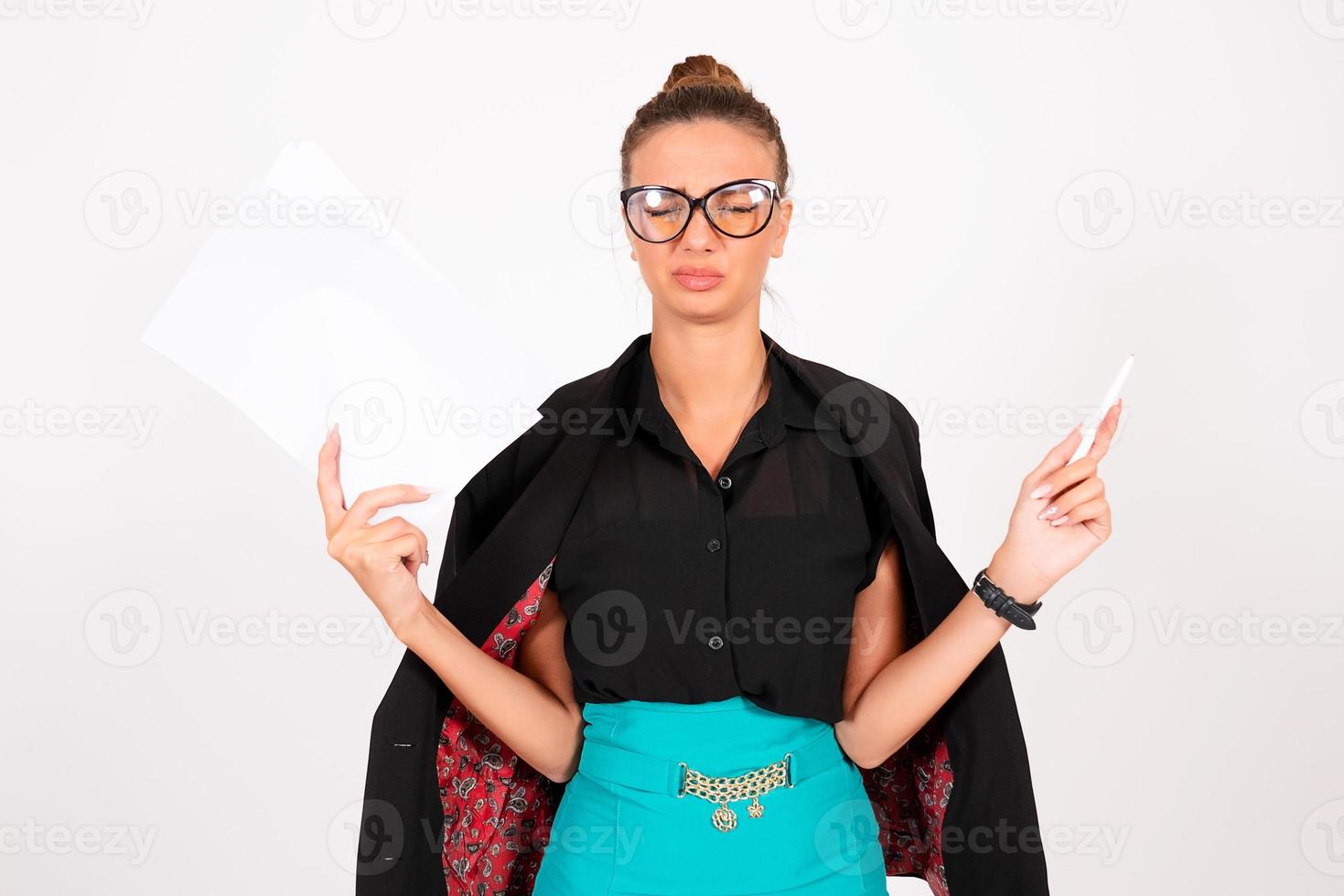 White background, girl office worker, business woman, shows emotions photo