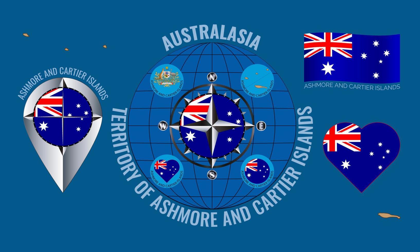 Set of vector illustrations of Flag, outline map, icons of TERRITORY OF ASHMORE AND CARTIER ISLANDS. Australian Outer Territory.  Travel concept.