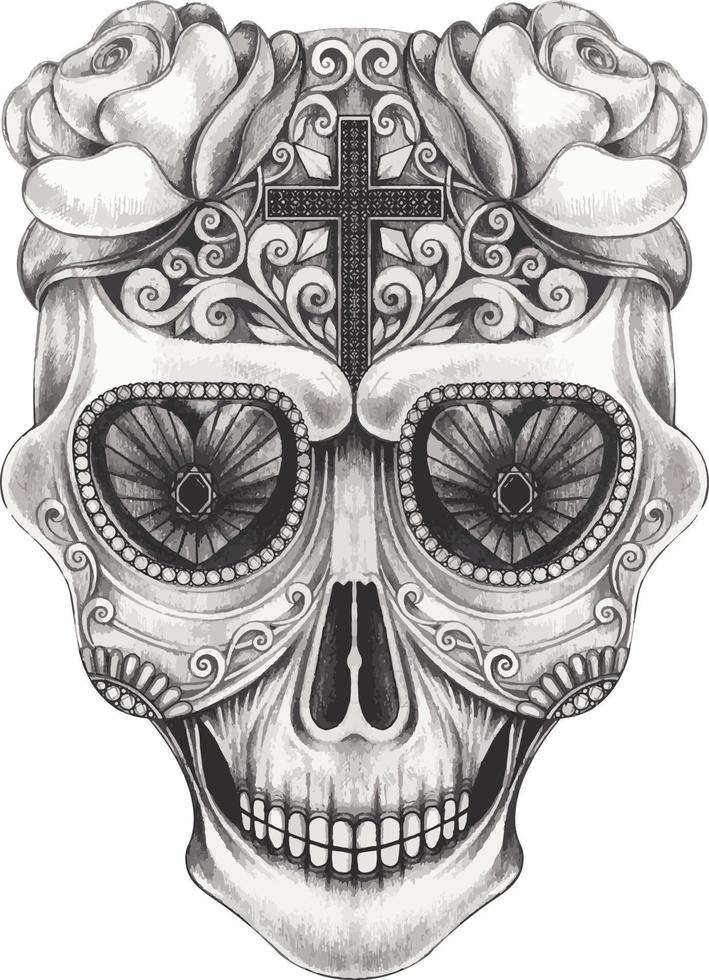 Art fancy skull day of the dead. Hand drawing and make graphic vector. vector