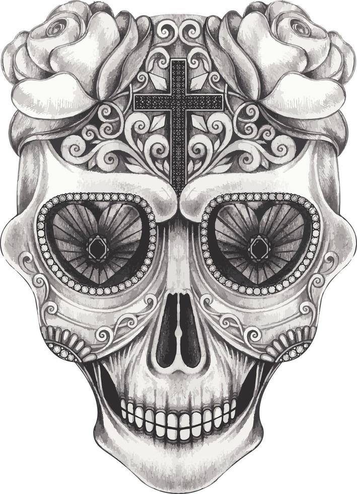 Art fancy skull day of the dead. Hand drawing and make graphic vector. vector