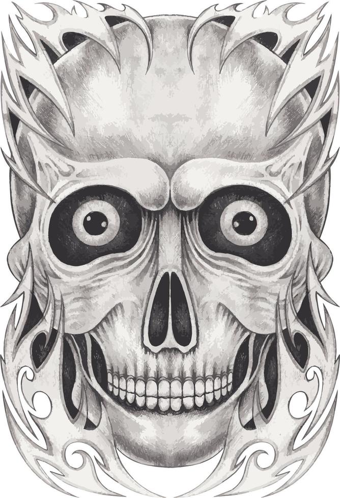 Art fancy skull tattoo. Hand drawing and make graphic vector. vector