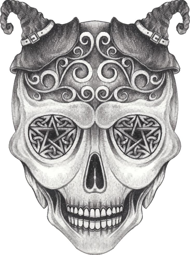 Art fancy witch skull. Hand drawing and make graphic vector. vector