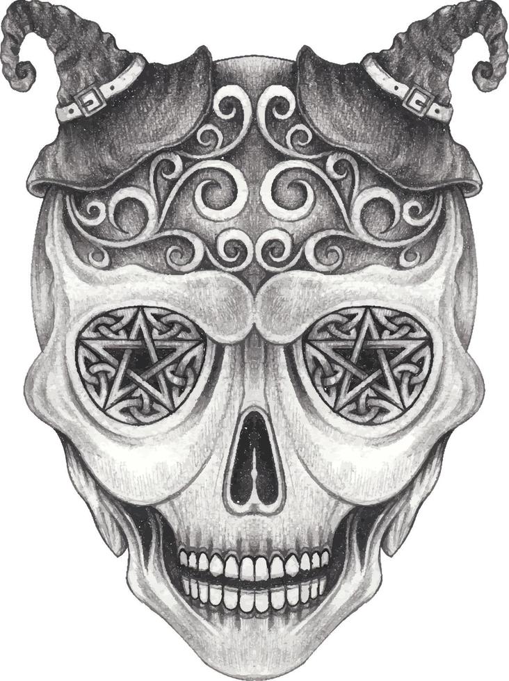 Art fancy witch skull. Hand drawing and make graphic vector. vector