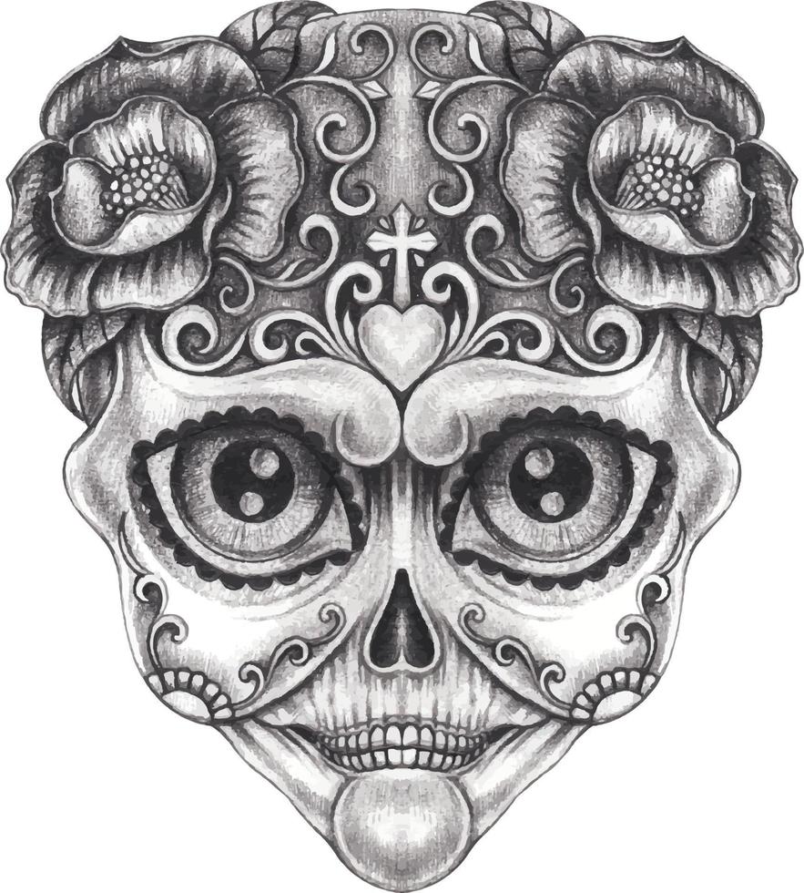 Art fancy skull day of the dead. Hand drawing and make graphic vector. vector