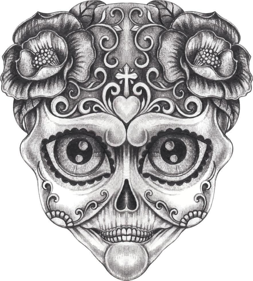 Art fancy skull day of the dead. Hand drawing and make graphic vector. vector