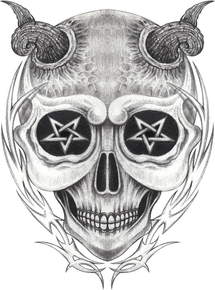 Art fantasy surreal devil skull tattoo. Hand drawing and make graphic vector. vector