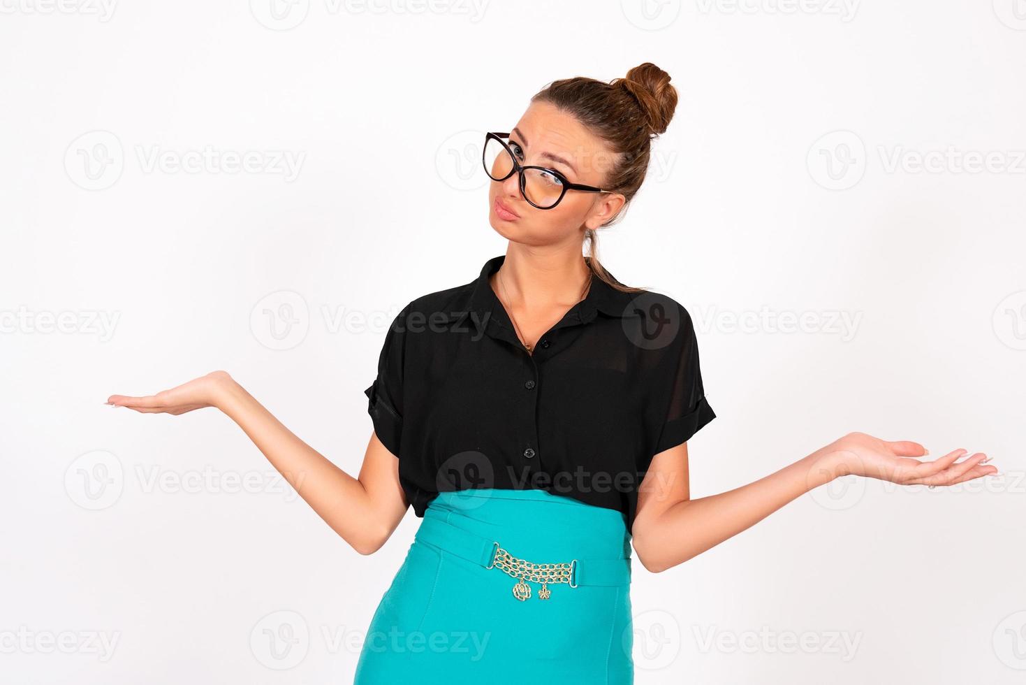 White background, girl office worker, business woman, shows emotions photo