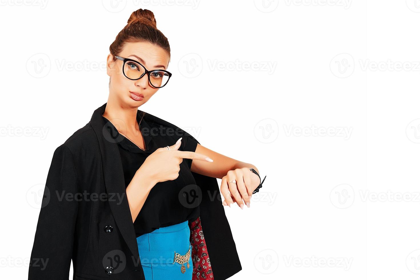 White background, girl office worker, business woman, shows emotions photo