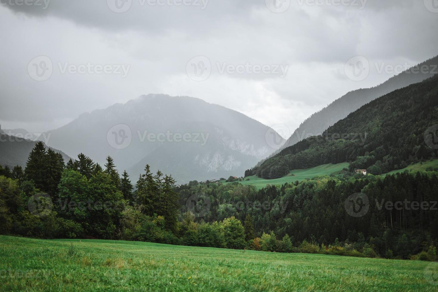 Majestic mountains in the Alps covered with trees and clouds photo