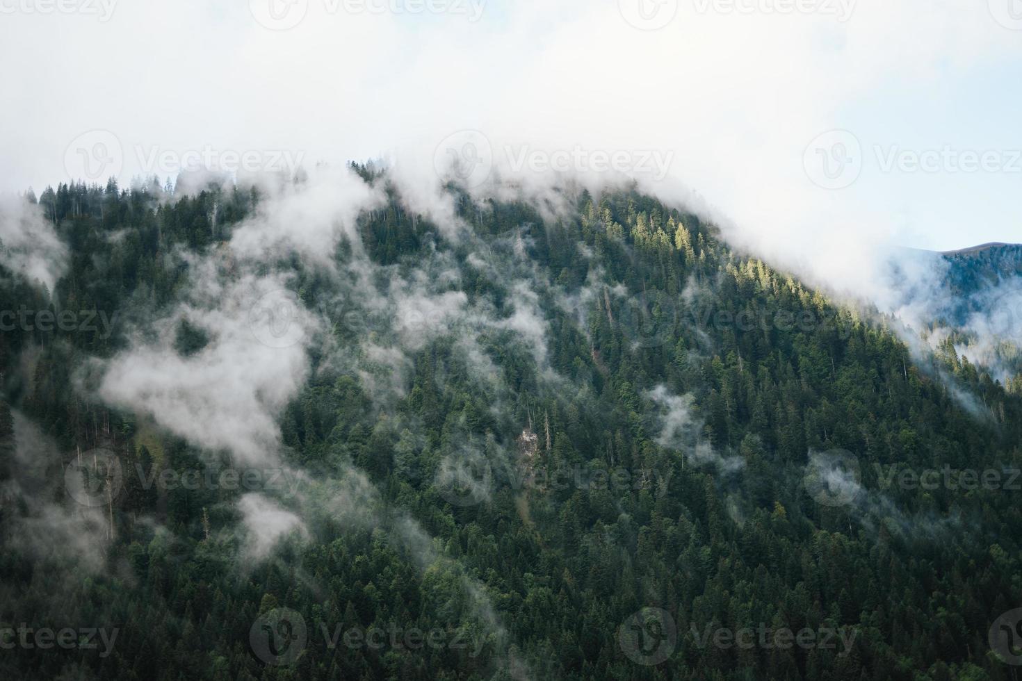 majestuoso montañas en el Alpes cubierto con arboles y nubes foto