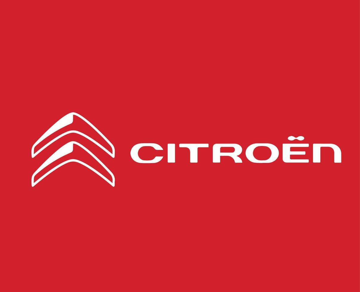 Citroen Logo Brand Symbol With Name White Design French Car Automobile Vector Illustration With Red Background