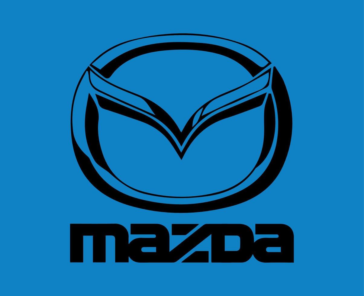 Mazda Brand Logo Symbol With Name Black Design Japan Car Automobile Vector Illustration With Blue Background