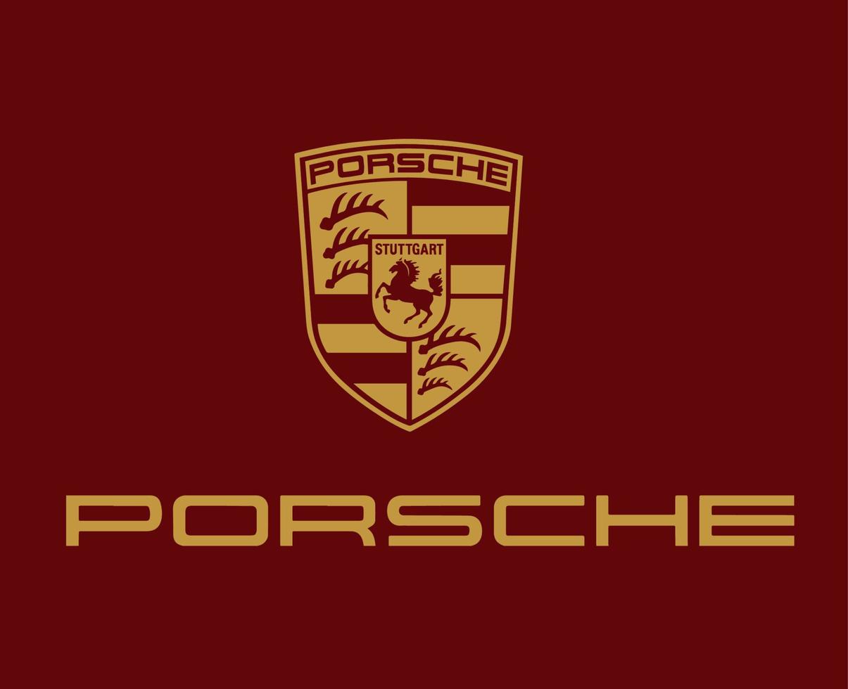 Porsche Logo Brand Symbol With Name Gold Design German Car Automobile Vector Illustration With Red Background