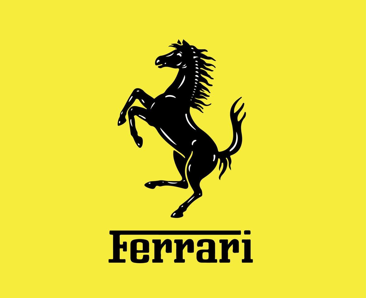 Ferrari Brand Logo Symbol With Name Black Design Italian Car Automobile Vector Illustration With Yellow Background