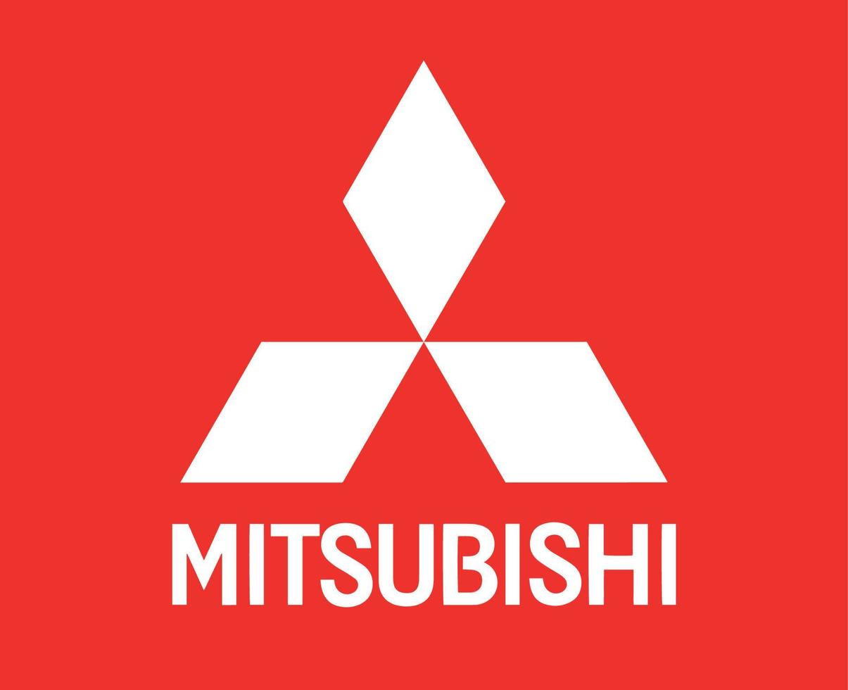 Mitsubishi Logo Brand Symbol With Name White Design Japan Car Automobile Vector Illustration With Red Background