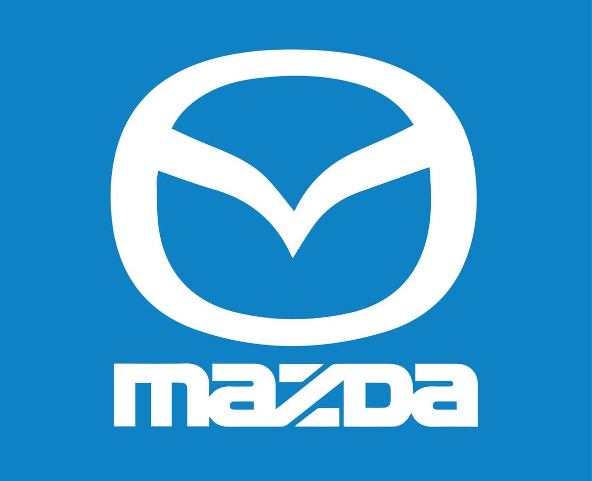 Mazda Logo Symbol Brand Car With Name White Design Japan Automobile Vector Illustration With Blue Background