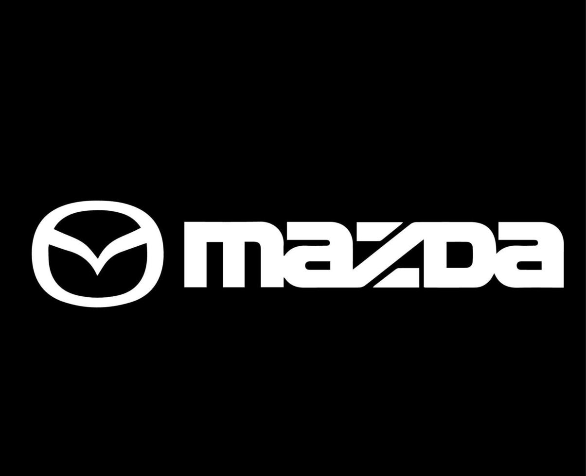 mazda marca logo coche símbolo con nombre blanco diseño Japón automóvil vector ilustración con negro antecedentes