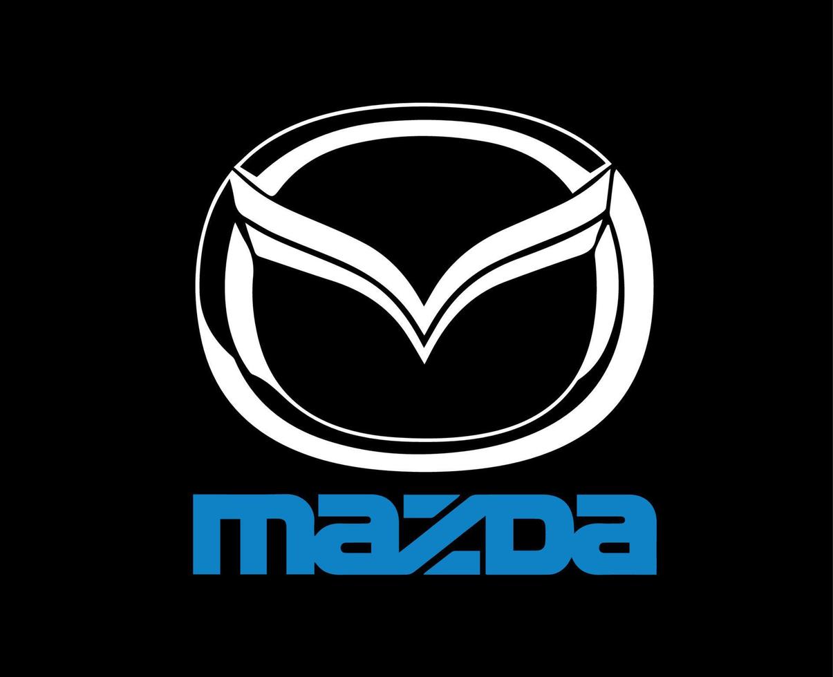 mazda logo símbolo marca coche blanco con nombre azul diseño Japón automóvil vector ilustración con negro antecedentes