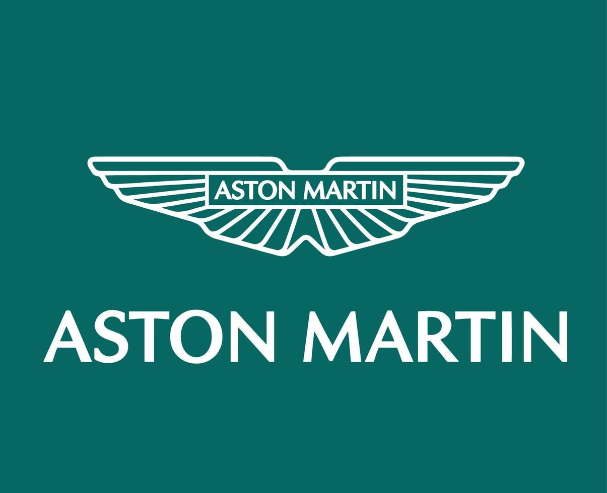 Aston Martin Brand Logo Symbol White With Name Design British cars Automobile Vector Illustration With Green Background