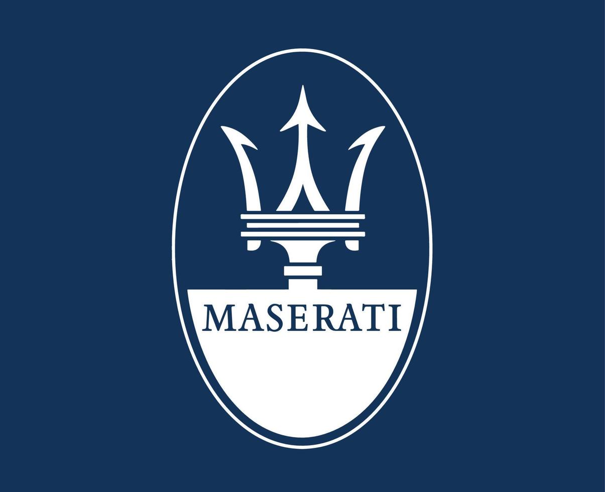 Maserati Brand Logo Car Symbol White Design Italian Automobile Vector Illustration With Blue Background