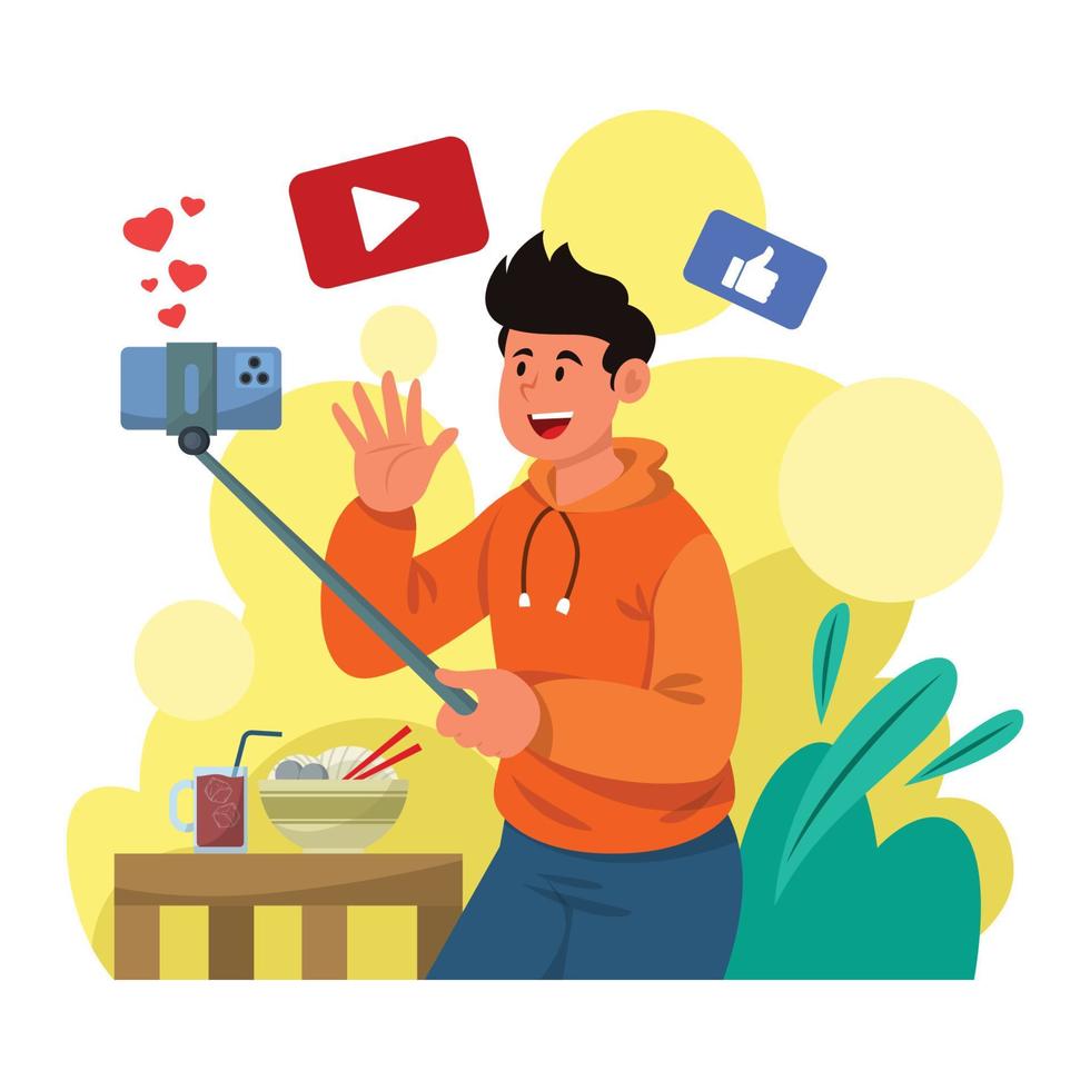 A Man Taking Streaming Video For Food Vlogger vector