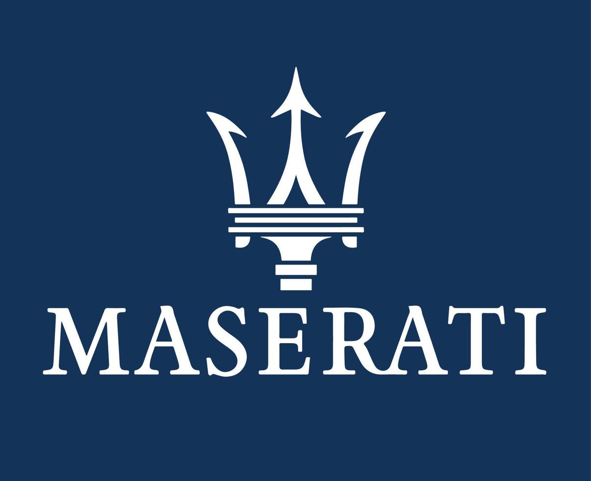 Maserati Brand Logo Car Symbol With Name White Design Italian Automobile Vector Illustration With Blue Background